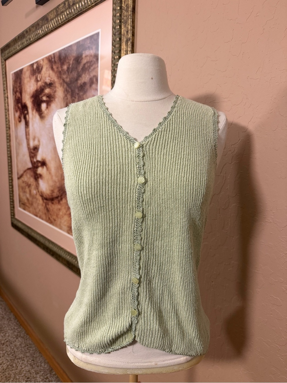 Bentley Light Sage Green Sleeveless Knit Button-Front Sweater Silk and Cotton